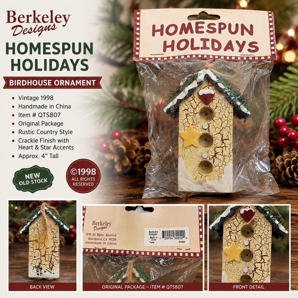 Vintage 1998 Berkeley Designs Homespun Holidays Birdhouse Ornament QTS807 NIB